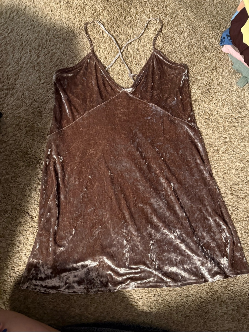 Privacy Please Mauve/Brown Velvet Slip Dress with Crisscross Straps